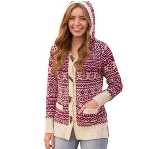 Avalanche Nordic Pattern Hooded Cardigan - Cream and Purple